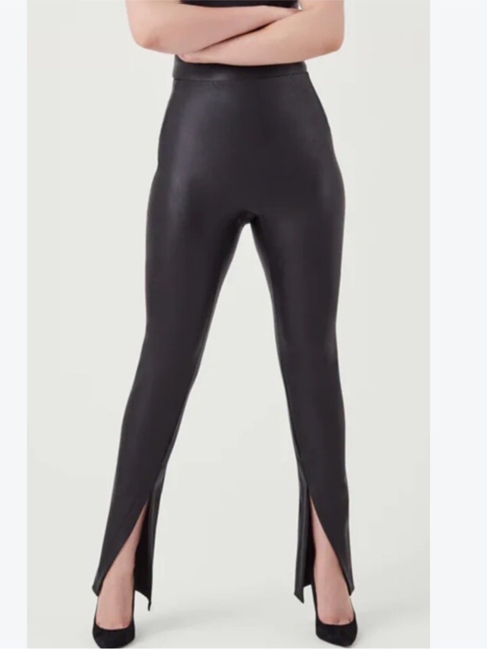 NEW Spanx Vegan Leather Like Front Slit Pants - - LUXE Black Xl